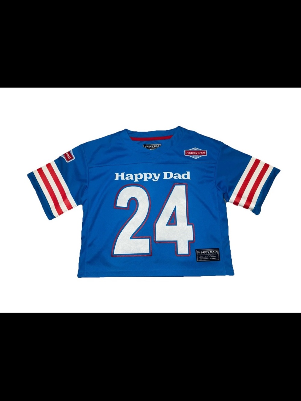 Happy Dad Hard Seltzer Women’s Cropped Football Jersey ‘24 Blue Red Lettering